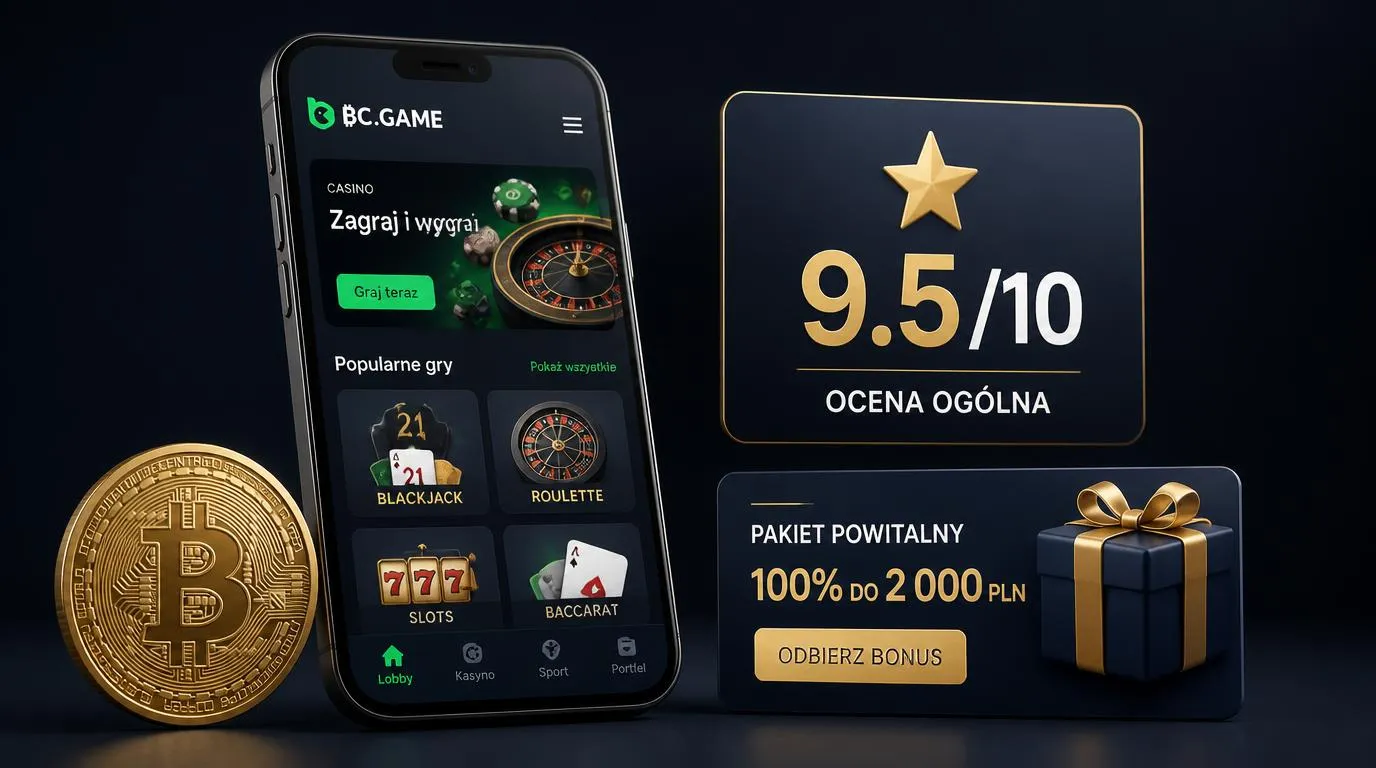 Telefon z ekranem kasyna online obok symbolu Bitcoina i karty z oceną 9,5 na 10