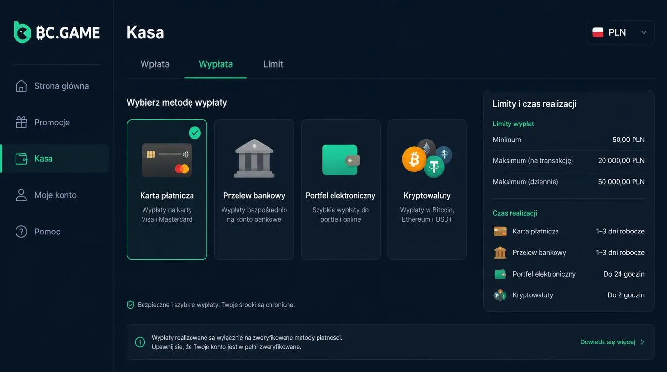 Ekran kasy z kartą, przelewem, portfelem elektronicznym i kryptowalutą oraz widocznymi limitami wypłat