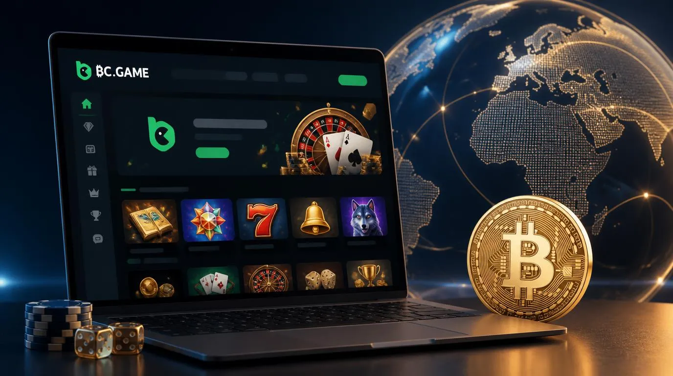 Nowoczesna strona kasyna na laptopie z widocznym symbolem Bitcoina i motywem międzynarodowym