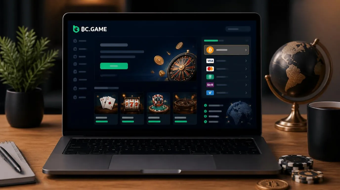 Nowoczesna strona kasyna na laptopie z ikoną Bitcoina i czytelnymi sekcjami gier oraz płatności
