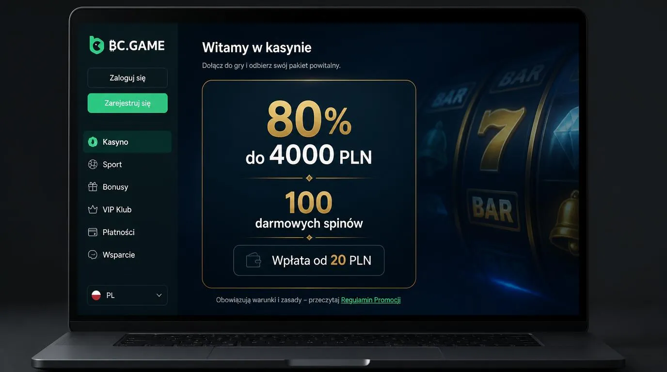 Ekran oferty powitalnej z bonusem 80% do 4000 PLN, 100 darmowymi spinami i minimalną wpłatą 20 PLN